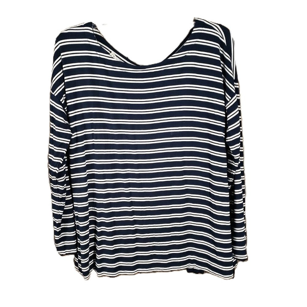Loft‎ Outlet L Women's Blue White Striped Open Tie Back Knit Top Blouse Tee